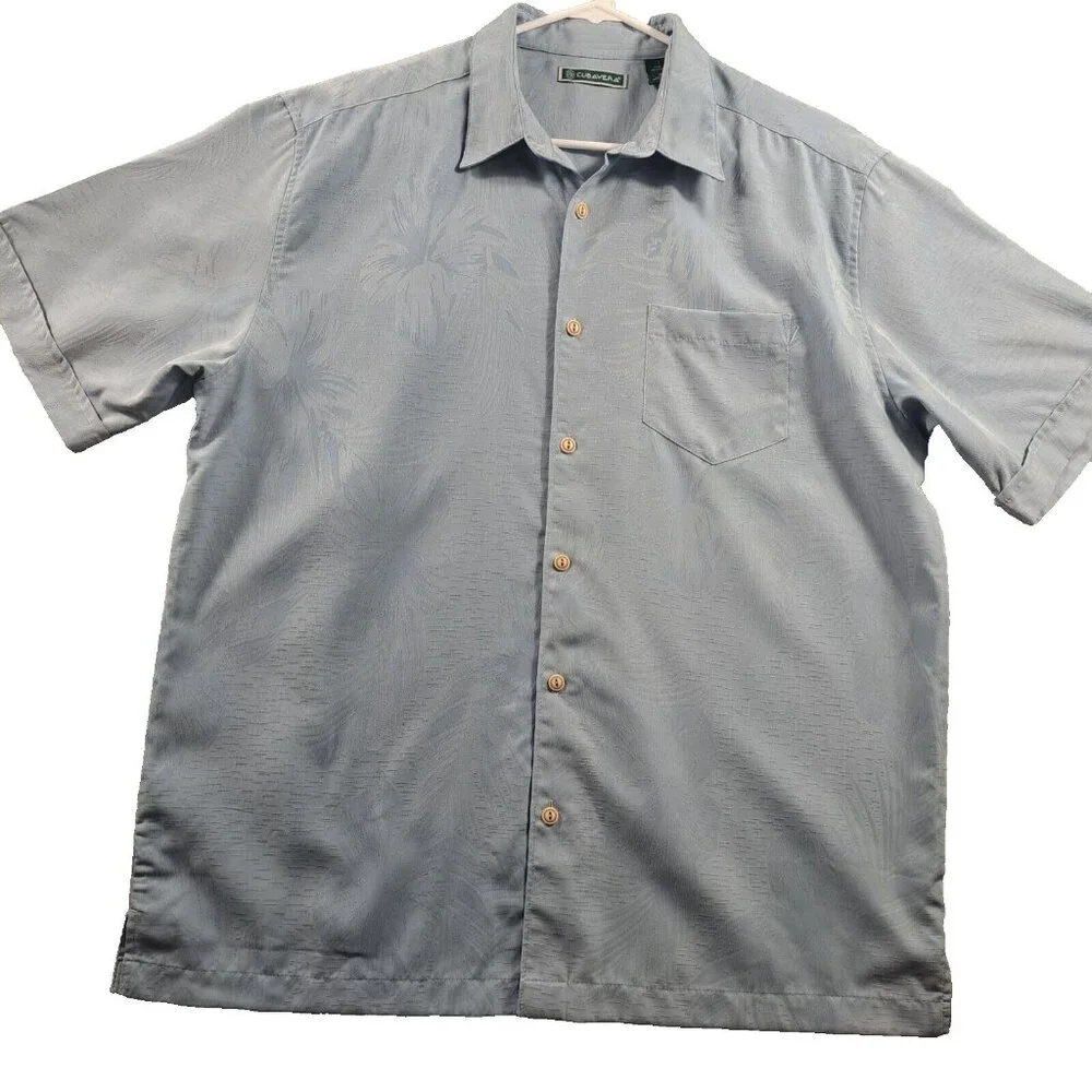 Cubavera Shirt Mens L Tropical Blue Floral Short Sleeve Button-Up Beach VACATION